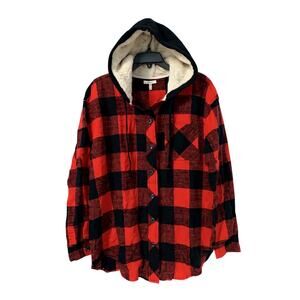 Maurices Red Black Buffalo Plaid Sherpa Lined Hooded Flannel Shirt Jacket M